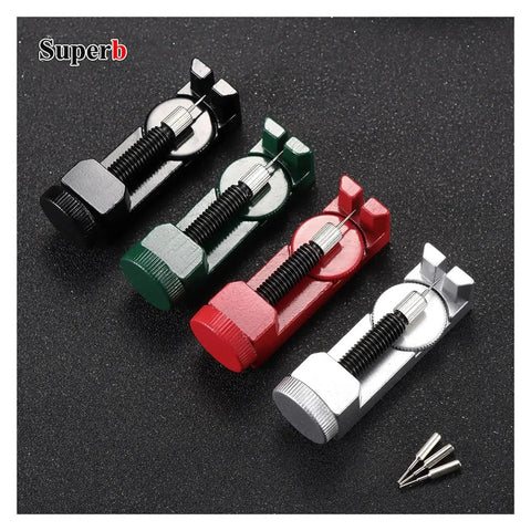 All In One Bracelet And Watch Band Repair Kit With Link Pin Remover displayed in four colors on black background.