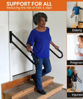 Woman using Steel Jamb Mount Handrail Built Tough Heavy Duty Stair Railing For Decks Porches And Mobile Homes Weatherproof Non Slip Powder Coated Finish Right Handed 18 Inch Black Outdoor Stair Rail installed on steps for support.