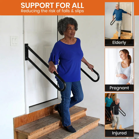 Woman using Steel Jamb Mount Handrail Built Tough Heavy Duty Stair Railing For Decks Porches And Mobile Homes Weatherproof Non Slip Powder Coated Finish Right Handed 18 Inch Black Outdoor Stair Rail installed on steps for support.