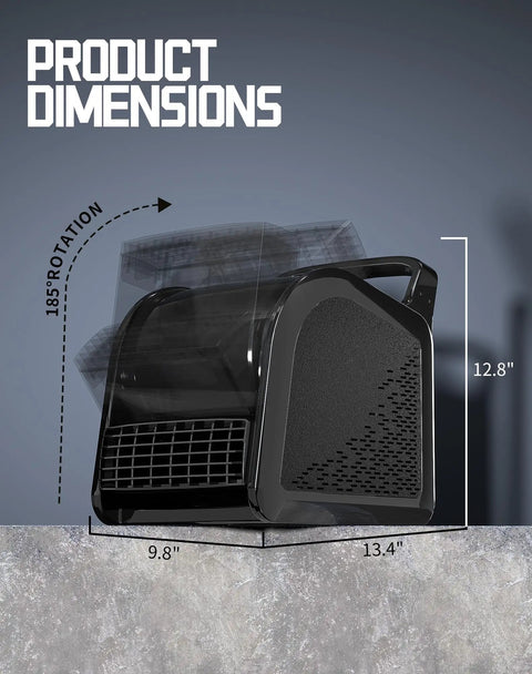 Industrial Floor Fan Air Mover 580W Power, 22 Meters Per Second Wind, 685 CFM Airflow, 3-Speed Control, 185 Degree Tilt, dimensions view