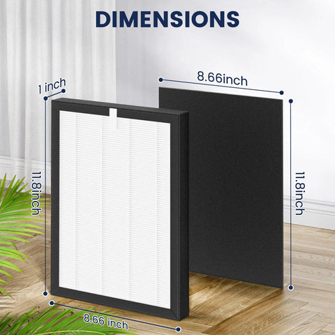 Replacement Filter Set For VEVA 9000 Air Purifiers with dimensions overlay, showing HEPA and carbon filter sizes.