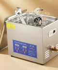 Digital Ultrasonic Cleaner 3.2L Tank With Heater And Timer For Jewelry Glasses Watches Dentures And Small Parts 40kHz Stainless Steel machine with tools and jewelry inside.