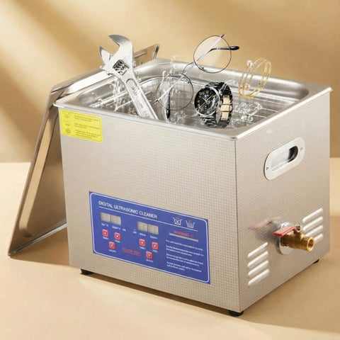 Digital Ultrasonic Cleaner 3.2L Tank With Heater And Timer For Jewelry Glasses Watches Dentures And Small Parts 40kHz Stainless Steel machine with tools and jewelry inside.