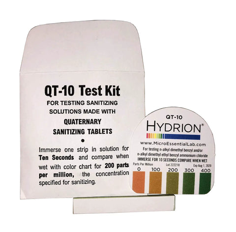 Quat Sanitizer Test Strips Kit With 30 Strips 0 To 400 PPM Range, packaging and color comparison chart displayed