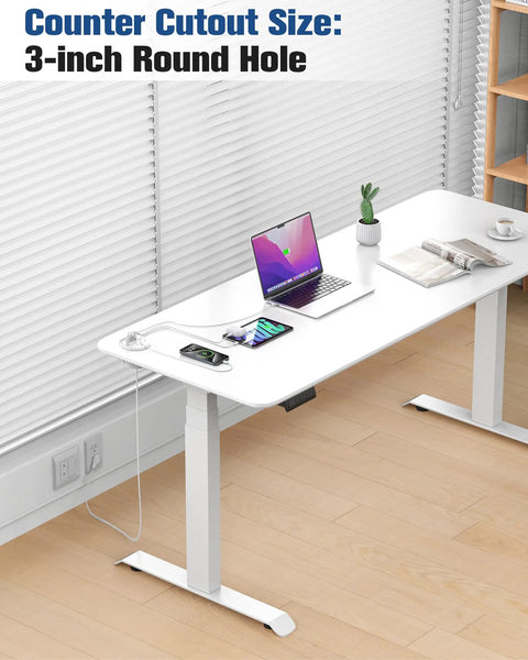 3 Inch Recessed Desk Power Grommet With USB C 65W Fast Charging And Ultra Flat Plug Strip installed in a white desk for a clutter-free workspace.