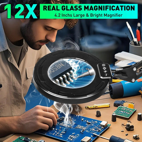 12X Magnifying Glass With Light And Stand for Craft and DIY Projects showing close-up detail on electronics repair workbench.