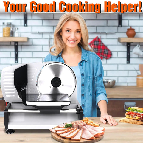 Heavy Duty 200W Electric Meat Slicer With Twin 7.5 Inch Stainless Steel Blades Adjustable Thickness Control For Deli Style Roast Beef Cheese And Bread Perfect Home Kitchen Upgrade Easy Clean Design on kitchen counter.