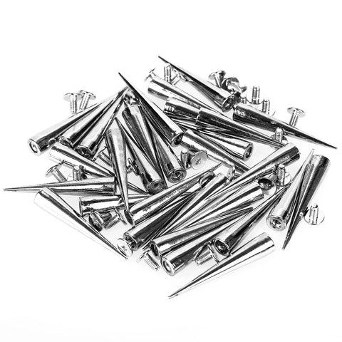 Badass 30 Pack Silver Cone Spikes And Heavy Duty 40Mm Screwback Rivets For Leather Jackets Punk Clothing Rock Accessory Hardware Reusable Embellishment Kit showcasing shiny zinc alloy studs.