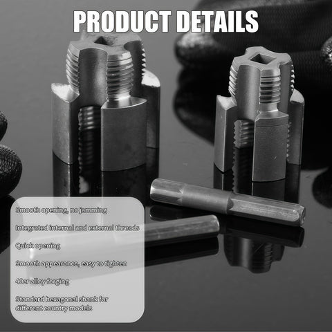 Dual Function Pipe Threading Tool For Half Inch And Three Quarter Inch Water Pipes With Integrated Internal And External Threading Heads Heavy Duty Steel Build And Easy One Pass Threading shown with threading heads and hex shank in product details view