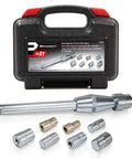 Powerbuilt 8-piece SAE/metric clutch alignment tool set in a black carrying case with metal sleeves and shaft.