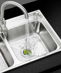 Two Pack Stainless Steel Kitchen Sink Strainer Set with Large Wide Rim Four Point Five Inch Diameter Micro Perforated Two Millimeter Holes installed in sink
