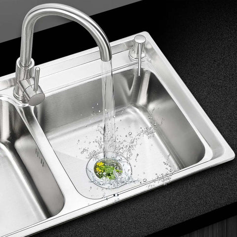 Two Pack Stainless Steel Kitchen Sink Strainer Set with Large Wide Rim Four Point Five Inch Diameter Micro Perforated Two Millimeter Holes installed in sink