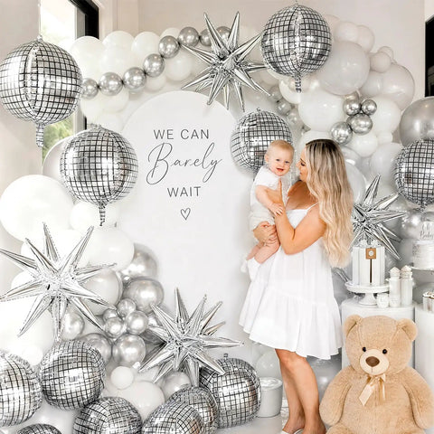 Massive 22 Inch Metallic Silver Disco Balloons With Star Accents 9 Pack For Themed Parties And Celebrations display