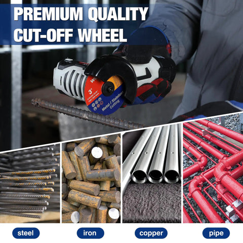 Beefed-Up 20 Pack Cut Off Wheels 3 By 3 Eighth Inch Metal And Stainless Steel Cutting Discs in use on angle grinder with pipes.