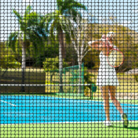 View through backyard batting cage net showing woman playing tennis, emphasizing strong netted barrier outdoors.