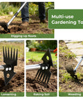 2-In-1 Weed Puller Tool With Long Handle showing use in digging roots, loosening soil, raking, and weeding.
