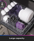 Interior of Compact Countertop Dishwasher With Smart Wifi Connectivity Six Wash Cycles Energy Star Portable Kitchen Workhorse, showing six place settings.