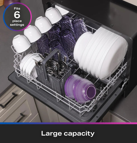 Interior of Compact Countertop Dishwasher With Smart Wifi Connectivity Six Wash Cycles Energy Star Portable Kitchen Workhorse, showing six place settings.