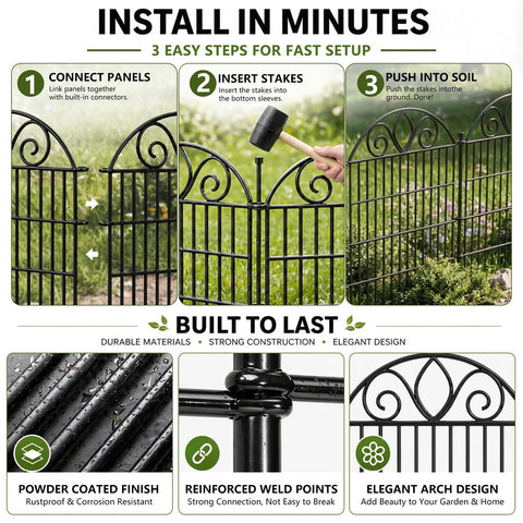 Image showing installation steps of No-Dig 10-Panel Tall Garden Fence, 34 Inch High By 22 Foot Long Rustproof Metal Dog Fence For Yard And Flower Beds.