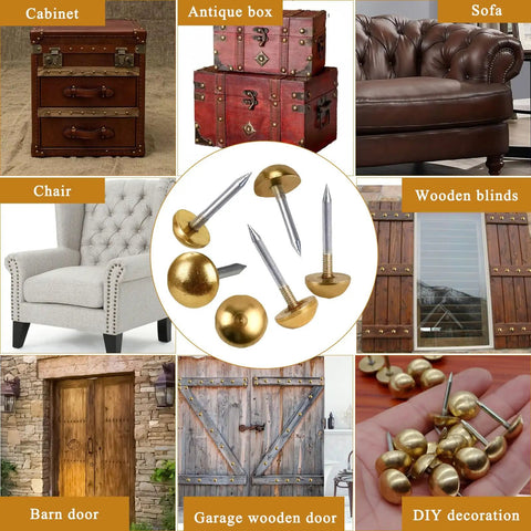 Top Shelf Solid Brass Tacks For Furniture Fixes Killer Retro Upholstery Nails displayed among various furniture and decor items.