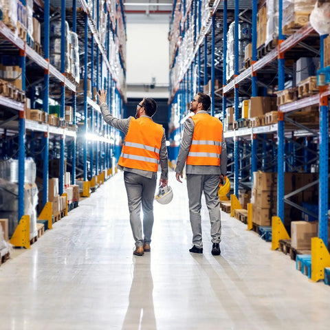 Two workers in orange safety vests walking through a warehouse aisle filled with racks of boxes and products.