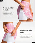 Woman modeling Womens 18 Inch Golf Skort With Zipper Pockets And Built In Shorts High Waist For Tennis And Pickleball Knee Length Curved Hem With Four Pockets For Secure Storage Pink Paisley XL, showing phone pocket and breathable liner features.