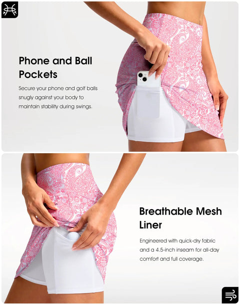 Woman modeling Womens 18 Inch Golf Skort With Zipper Pockets And Built In Shorts High Waist For Tennis And Pickleball Knee Length Curved Hem With Four Pockets For Secure Storage Pink Paisley XL, showing phone pocket and breathable liner features.