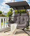 Double Egg Chair With Removable Adjustable Canopy For Outdoor Hangout Patio Balcony And Garden, cushioned grey hammock chair