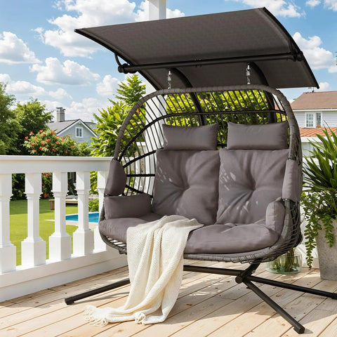Double Egg Chair With Removable Adjustable Canopy For Outdoor Hangout Patio Balcony And Garden, cushioned grey hammock chair