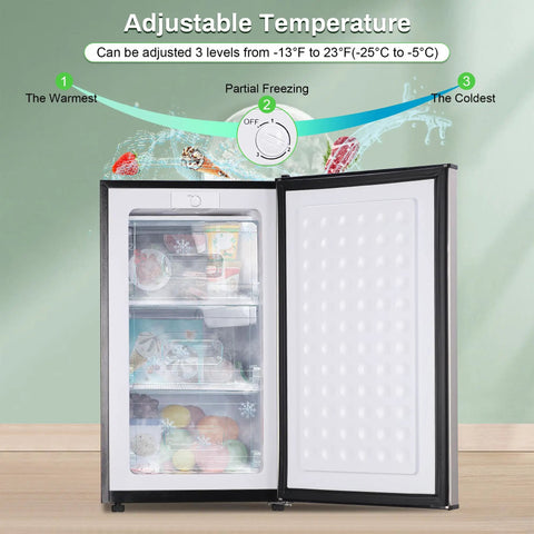 Effortless 3.6 Cu Ft Upright Freezer Glossy Silver showing adjustable temperature settings and interior storage.