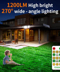 Outdoor Solar Flood Lights With Remote Control 3 Head Motion Sensor Flood Lights illuminating backyard at night with remote control