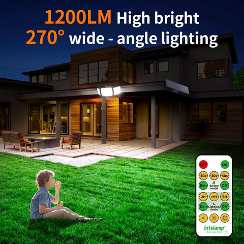 Outdoor Solar Flood Lights With Remote Control 3 Head Motion Sensor Flood Lights illuminating backyard at night with remote control