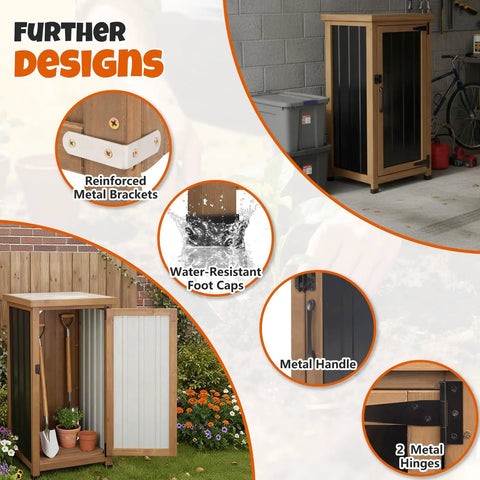 Slim Outdoor Storage Cabinet With Weatherproof Roof Wood And Metal Construction Removable Shelf Lockable Door Two Hinges Adjustable Feet Ideal Under Counter Or Balcony Storage For Small Spaces with reinforced metal brackets, water-resistant foot caps, and metal handle.