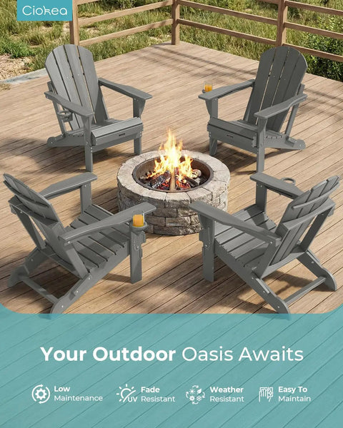 Four grey Easy Fold Adirondack Chair Built For Chill Outdoor Vibes With Wood Texture Finish around fire pit on deck