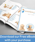 Open craft eBook with wooden toy project images and Woodpecker logo on cover, book promoting free download with purchase
