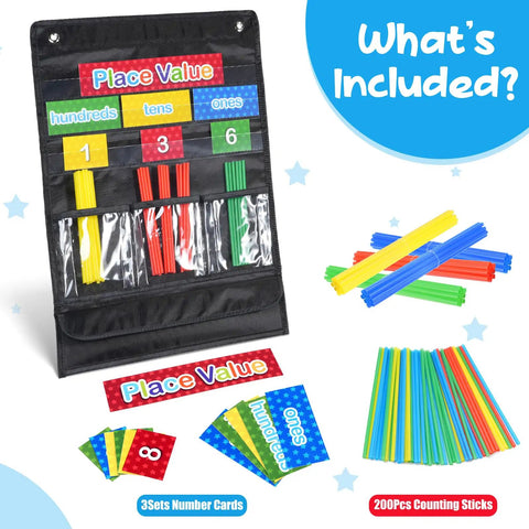Place Value Pocket Chart Set With Magnetic Counting Caddie For Classroom And Home Math Lessons Hundreds Tens Ones With 3 Card Sets And 200 Color Counting Sticks Kid Friendly Teacher Favorite