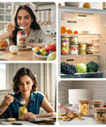 People enjoying breakfasts and snacks stored in 4 Pack 10oz Glass Meal Prep Jars With Bamboo Lids, displayed in kitchen and fridge.
