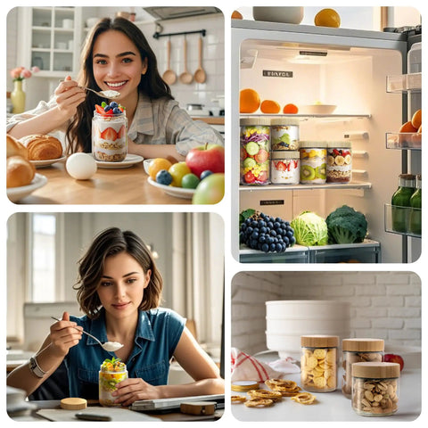 People enjoying breakfasts and snacks stored in 4 Pack 10oz Glass Meal Prep Jars With Bamboo Lids, displayed in kitchen and fridge.