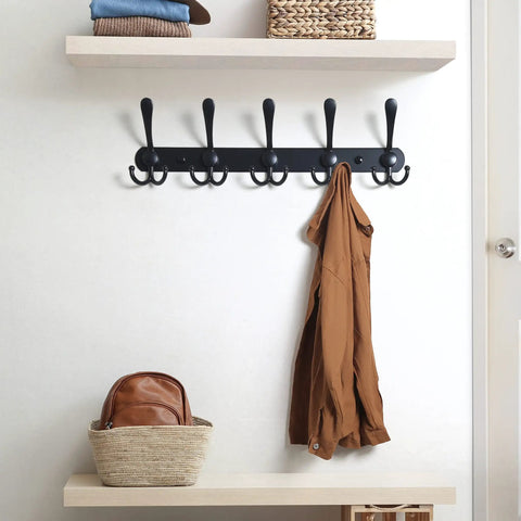 Wall Mount Coat Rack With Five Tri Hooks Tough As Nails Built To Last Heavy Duty Stainless Steel Rail In Use Mudroom Setup