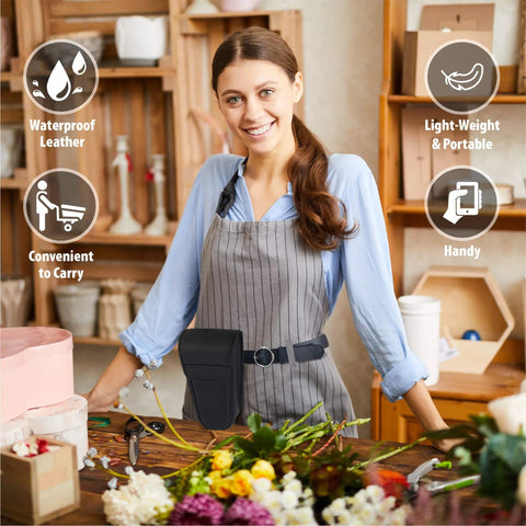 Woman in an apron with a black pouch, showcasing waterproof leather and convenient carry for floral arrangements.