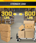 Heavy Duty 600 Lb Hand Truck Featuring Rock Solid Build And Ridiculously Easy Mode Flip For Stairs Or Flat Surfaces with stacked boxes.