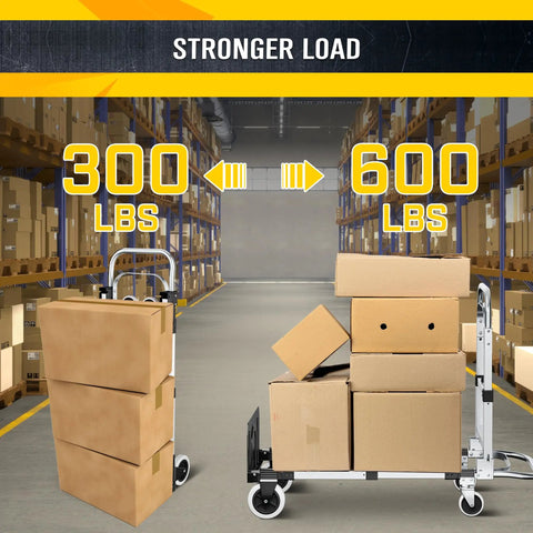 Heavy Duty 600 Lb Hand Truck Featuring Rock Solid Build And Ridiculously Easy Mode Flip For Stairs Or Flat Surfaces with stacked boxes.