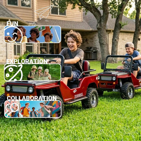 Kids riding red 125cc go karts with 3 speed semi auto transmission, big 18 inch aluminum rim wheels on grass lawn.