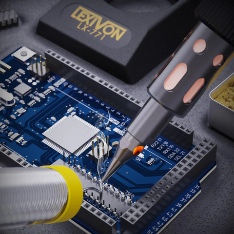 Close-up of Butane Torch Multi-Function Kit With Self Igniting Soldering Station And Adjustable Flame in use for wire soldering.
