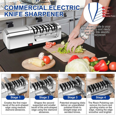 4-Stage Professional Electric Knife Sharpener With Diamond Abrasives, ultra quiet motor, sharpening straight and serrated knives
