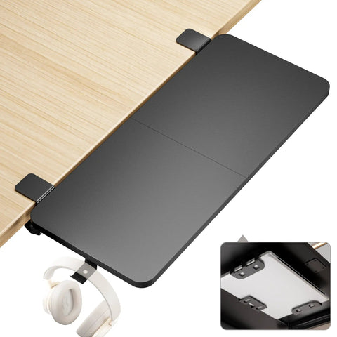 Heavy Duty Desk Extender Tray With Secure Laptop Holder And Generous Extra Surface Solid Keyboard Shelf That Seriously Levels Up Your Home Office Flex In Sleek Black, mounted on a desk.