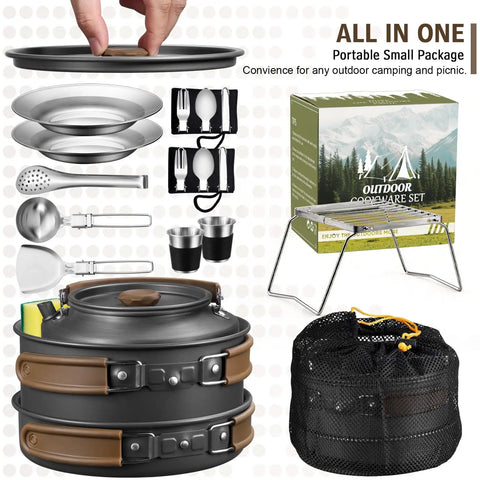 18-Piece Camping Cookware Set With Utensils Camp Mess Kit Dope Hard Anodized Aluminum displayed with accessories and bag