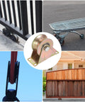 Collage showcasing applications of 2 Pack U Groove Caster Wheels With Brackets Two Point Two Inch Wheel Diameter Beefy 300kg Capacity Per Wheel For Inverted Track And Sliding Gate Systems Built Tough Gate Hardware Set For Industrial Machines.
