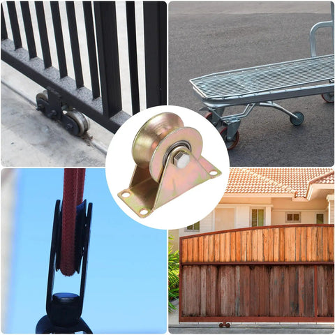 Collage showcasing applications of 2 Pack U Groove Caster Wheels With Brackets Two Point Two Inch Wheel Diameter Beefy 300kg Capacity Per Wheel For Inverted Track And Sliding Gate Systems Built Tough Gate Hardware Set For Industrial Machines.