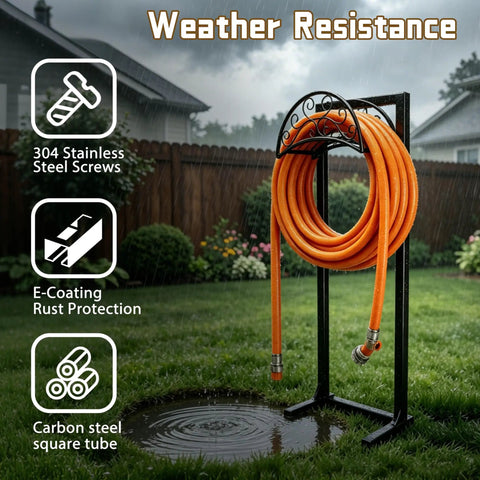 Heavy Duty Stainless Steel Garden Hose Reel With Triangle Reinforcement Brace Built Tough For Outdoor Use Supports Up To 150 Foot Hose Black Weather Resistant in garden with orange hose